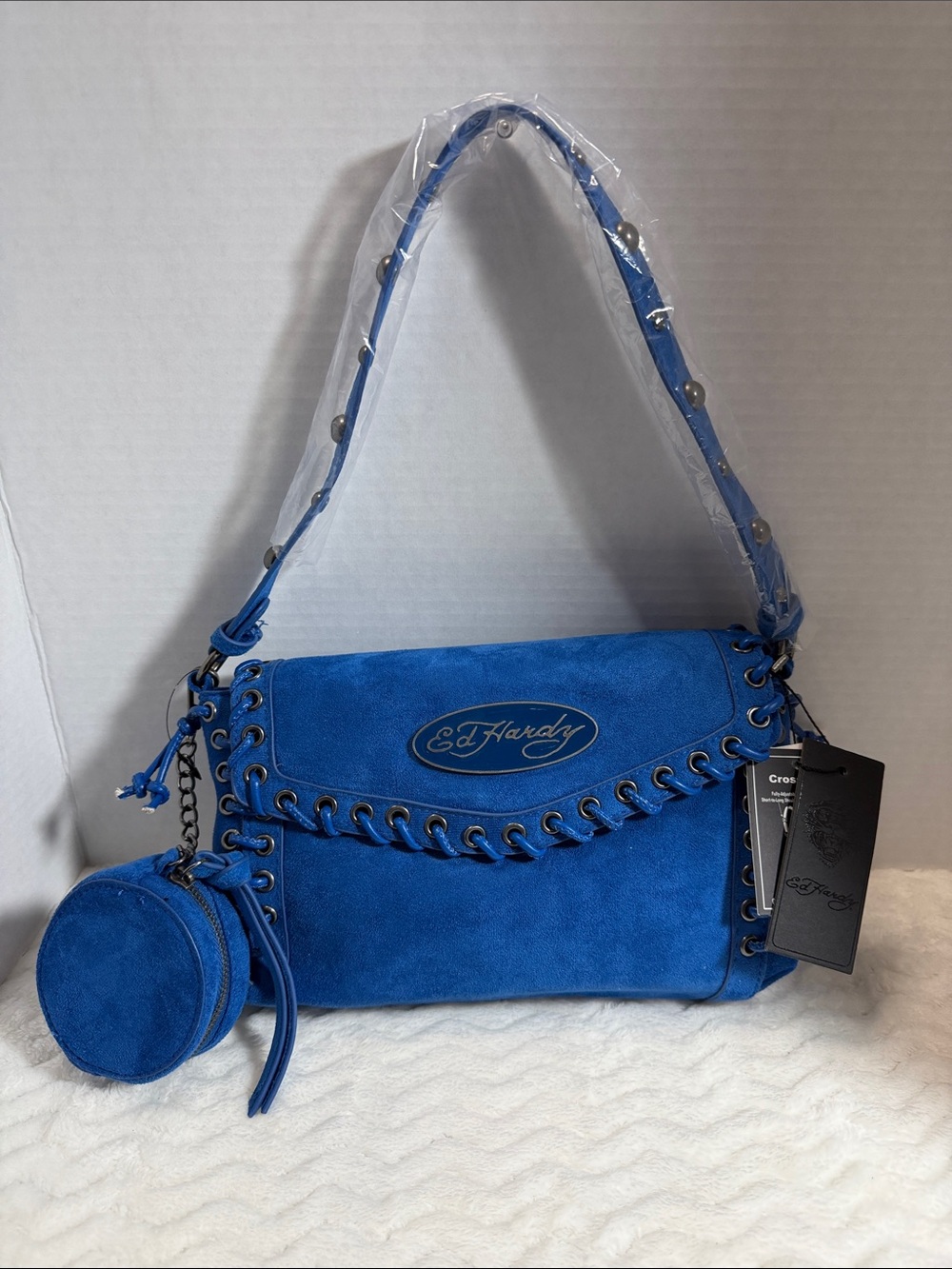 Ed Hardy Blue Suede Shoulder Bag with Round Coin Pouch